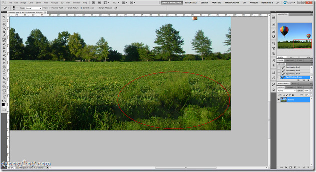 Spot Healing Brush Tool và thiết lập chế độ thành Content-Aware