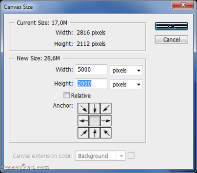 Image > Canvas Size và thử tăng thông số Width và Height
